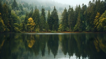 Serene Reflection of a Misty Forest Lake