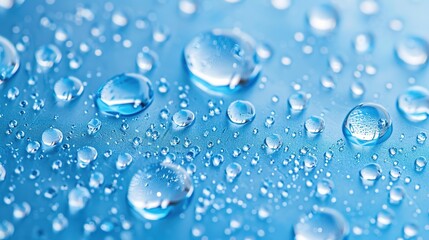 Crystal Clear Water Droplets on Vibrant Blue Glossy Surface, Perfect for Graphic Design Projects