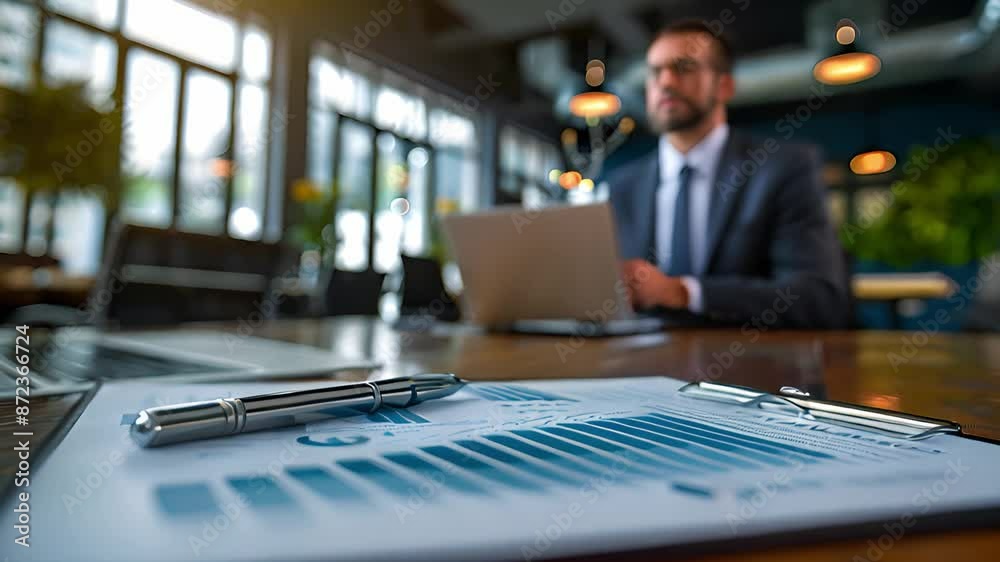 Aufkleber a pen rests on a clipboard with data charts, showcasing a close-up view of a business meeting in a m