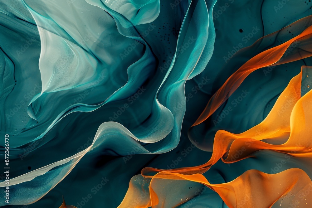 Poster a mesmerizing abstract image showcasing teal and orange swirls with fluid forms, creating an intrica