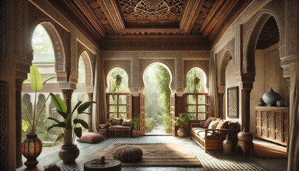 Obraz premium Moroccan Riad Courtyard with Lush Greenery and Ornate Architecture 