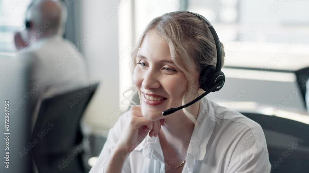 Sticker Employee, woman and computer at call center with smile for customer support and service. Office, crm and happy as advisor or consultant in conversation, telemarketing and advice at help desk