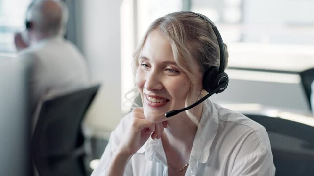 Employee, woman and computer at call center with smile for customer support and service. Office, crm and happy as advisor or consultant in conversation, telemarketing and advice at help desk