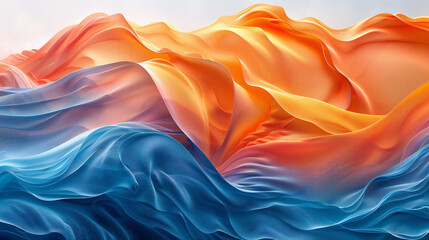 Abstract background with blue, orange and yellow waves of different shapes and sizes. Abstract background with flowing liquid or smoke texture in the style of modern wallpaper design for presentation.