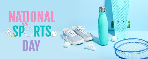 Bottle of water, sports equipment and shoes on light blue background. Banner for National Sports Day