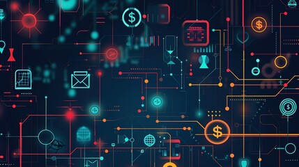 Fototapeta premium Illuminating Finance: Dark Themed Banking Background with Vector Icons