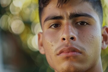 A young man with a pensive expression stands in a brightly lit outdoor environment, capturing a moment of introspection and contemplation with a sense of natural focus.