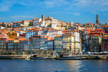 View of Porto city and Douro river from famous tourist viewpoint Miradouro da Serra do Pilar on sunset. Porto, Vila Nova de Gaia, Portugal