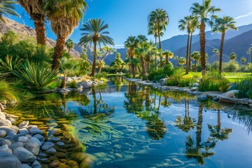 Obraz premium Tranquil Oasis with Palm Trees and a Reflecting Pool