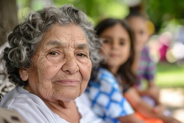 A content elderly woman with curly gray hair, seated outdoors with children blurred in the background, radiating warmth, joy, and a sense of family connection.