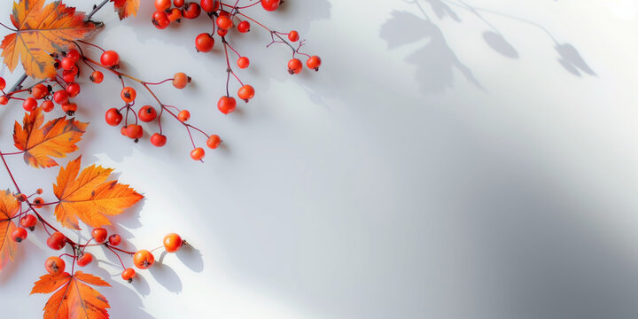 Vibrant autumn composition with orange
leaves and rowanberries laying on white background, layout mock-up photo, empty space for text and design