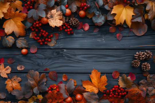 Vibrant autumn composition with decorative 
pine cones, leaves and berries laying on dark wooden background, layout mock-up photo, empty space for text and design