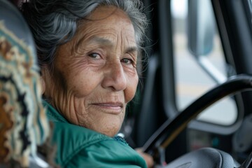 A side profile view of an elderly woman driving a vehicle, her determined expression highlighted by her silver hair and wrinkles, reflecting a sense of independence and resilience.
