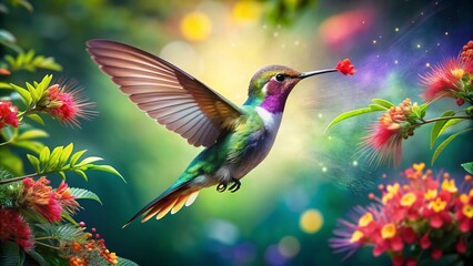 Colorful humming bird are flying near flowers and pecking at water droplets falling from beautiful wild flowers pollen.
