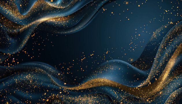 Dark blue background with golden sparkles adds an elegant touch to the fabric design