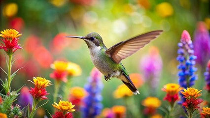 Fototapeta premium Colorful humming bird are flying near flowers and pecking at water droplets falling from beautiful wild flowers pollen.