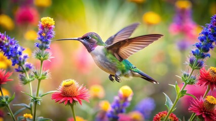 Fototapeta premium Colorful humming bird are flying near flowers and pecking at water droplets falling from beautiful wild flowers pollen.