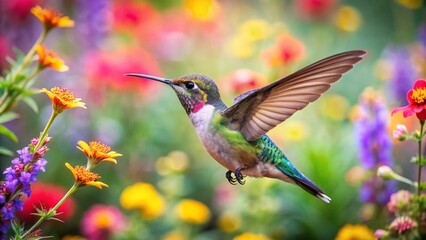 Fototapeta premium Colorful humming bird are flying near flowers and pecking at water droplets falling from beautiful wild flowers pollen.