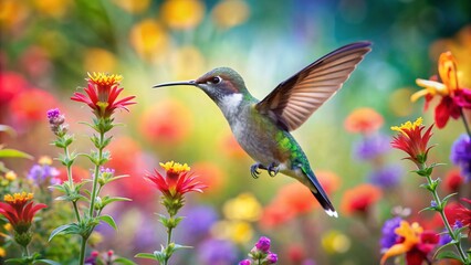 Fototapeta premium Colorful humming bird are flying near flowers and pecking at water droplets falling from beautiful wild flowers pollen.