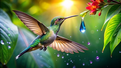 Fototapeta premium Colorful humming bird are flying near flowers and pecking at water droplets falling from beautiful wild flowers pollen.