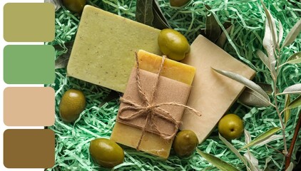 Olive soap bars on color paper. Different color patterns