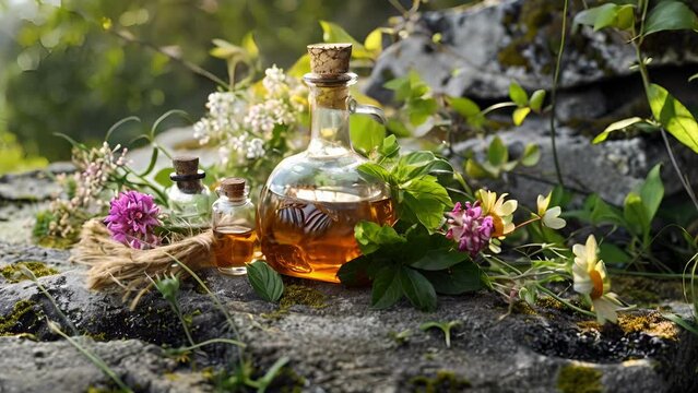 A medicinal potion b with the healing powers of wildcrafted herbs gathered under the open sky.