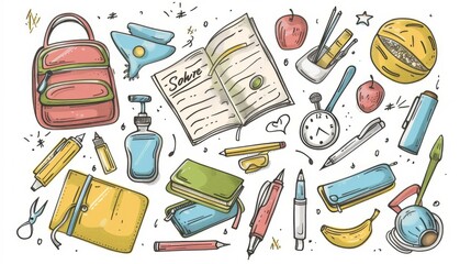Hand-drawn illustration showing a variety of school supplies and stationery laid out around an open notebook, illustrating the essentials for studying and learning in a colorful and detailed style.