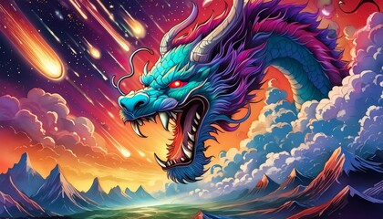 The sky is colorful as a dragon with a rainbow mane flies in a stunning painting. Keywords Cartoon, Art, Painting, Cg artwork, Space, Fictional character