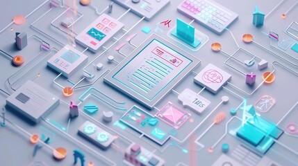 Obraz premium Tech Savvy: Dynamic 3D Illustration of Web Development Journey with Digital Icons and Wireframes
