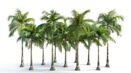 A cluster of lush and vibrant palm trees arranged together against a pristine white backdrop, creating a serene and tropical visual composition full of natural beauty.