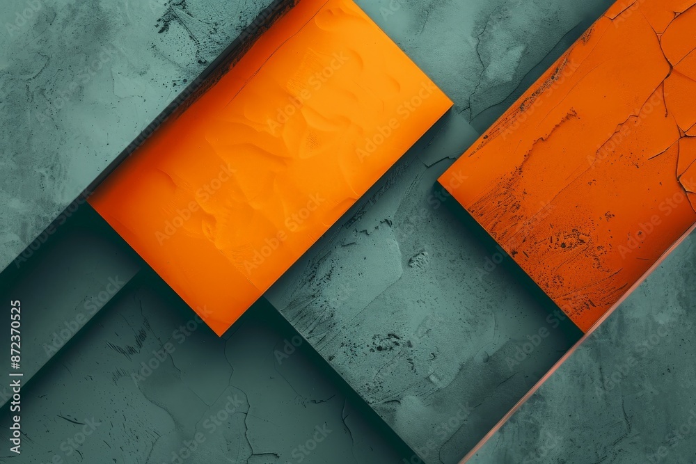 Poster A geometric artwork featuring bright orange rectangles set against a textured green concrete background, creating a striking contrast and a modern architectural feel.