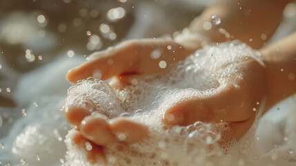 Fototapeta premium Hygienic Handwashing with Soap Foam Close-Up, Ideal for Cleanliness Concepts