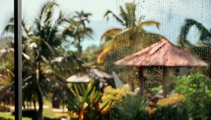 Fototapeta premium Window of a rainy day with the view of exotic garden