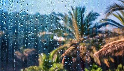 Naklejka premium Window of a rainy day with the view of exotic garden