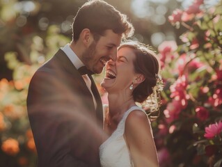 Bride and groom in a candid moment, laughing together, natural light, blurred background of vibrant flowers