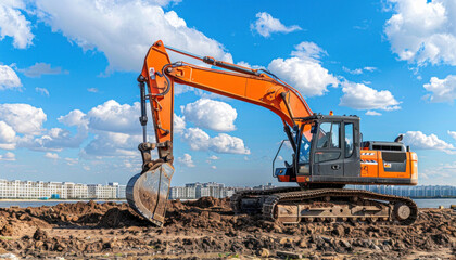 An expansive orange excavator sits idle in a field filled with soil, beneath the wide open sky