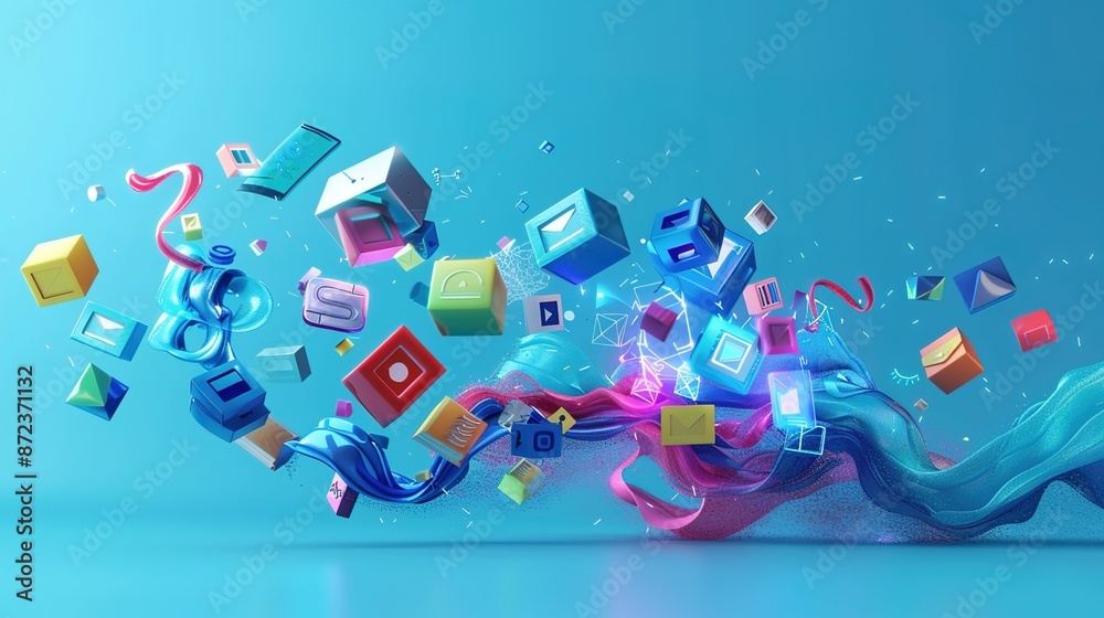 Wall mural engaging 3d visual of web development symbols in a dynamic, flowing arrangement