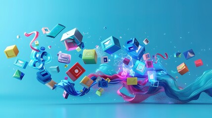Engaging 3D visual of web development symbols in a dynamic, flowing arrangement 