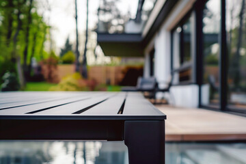 A close-up of a contemporary table in a beautifully designed backyard