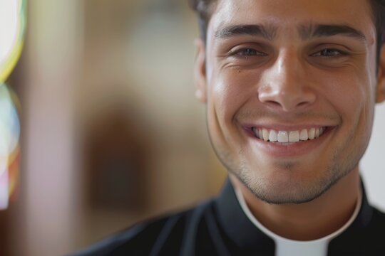 A young priest smiling inside a beautifully decorated church, symbolizing youthfulness, faith, and the blend of tradition with modern religious practices.