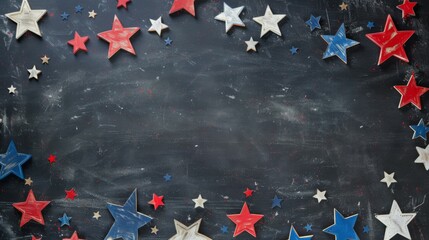 A decorative frame composed of red, white, and blue stars of various sizes set against a dark textured background, ideal for patriotic-themed designs or celebrations.