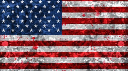 Artistic representation of an American flag featuring a grungy texture with splattered paint effects in blue, red, and white, symbolizing patriotism and freedom.