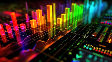 Obraz premium Vibrant 3D Charts and Graphs on Black Background with Ample Text Space