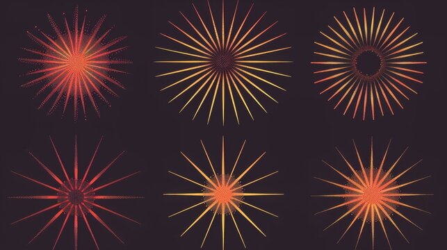 This image presents six distinctive starburst pattern designs, each showcasing a radial burst of lines using vibrant colors and gradients, creating visually striking abstract art.