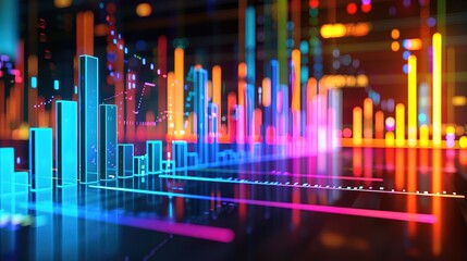 Dynamic 3D Financial Data Visualization on Black Background with Copy Space