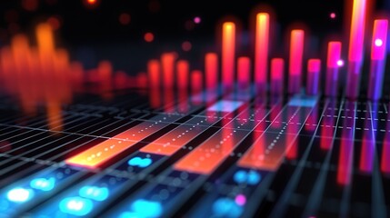 Dynamic 3D Financial Data Visualization on Black Background with Copyspace