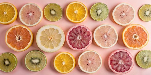 Fresh, juicy, delicious lemon, orange, pineapple, kiwi cross-sections, vibrant colors and details, bright depiction