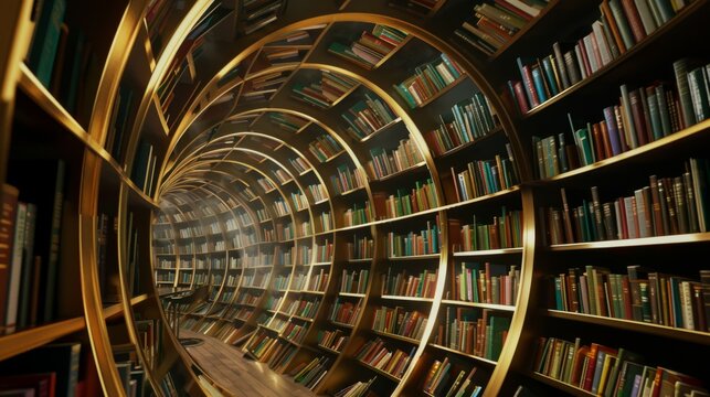 A futuristic library designed like a tunnel with seemingly endless rows of books, creating an immersive, imaginative space for readers to explore a vast universe of knowledge.