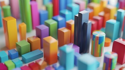 Vibrant 3D Financial Metrics Illustration on Clean White Background with Copy Space.