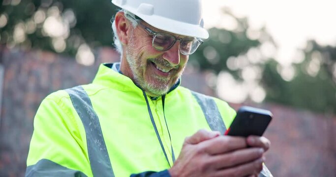 Mature man, engineer and laugh at phone on construction site for message, funny joke and positive feedback. Male contractor, happy and mobile on worksite for good news, information and comedy story